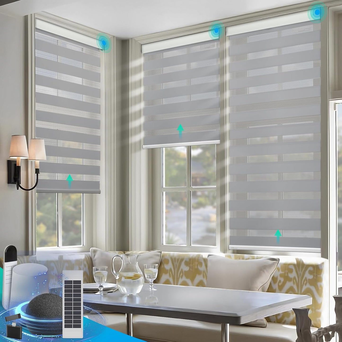 DENFOON Motorized Zebra Blinds, Solar Powered Dual Layer Automatic Shades with Remote Control, Rechargeable Smart Blinds Horizontal Wireless Electric Shades for Windows, Custom Size, Gray， 36 x 72