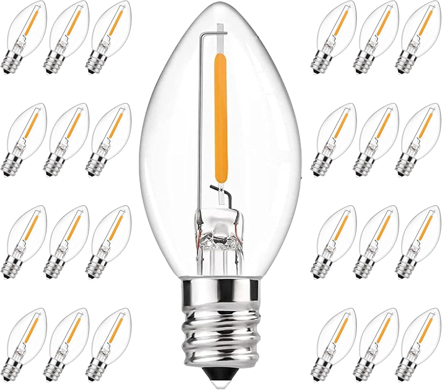 C7 LED Replacement Bulbs,25 Pack 0.6W C7 LED Christmas Lights Bulbs for String Lights,E12 Base,Warm White 2700K Waterproof Vintage Clear Bulbs for Night Light Candles Garden,Christmas