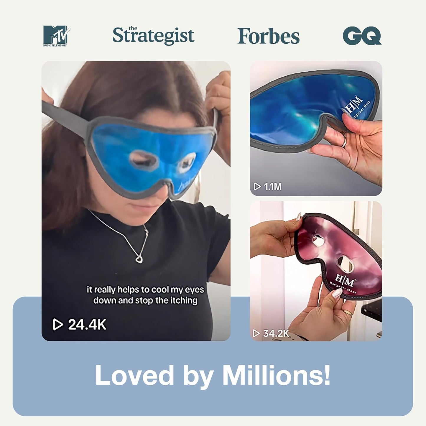 MyHalos Gel Eye Mask - Reusable Cooling Eye Mask with Adjustable Straps - Cold Mask for Puffy Eyes, Dark Circles and Hangovers - Eyes Ice Pack Compress for Sinus, Headaches & Puffiness, Blue (2-Pack)