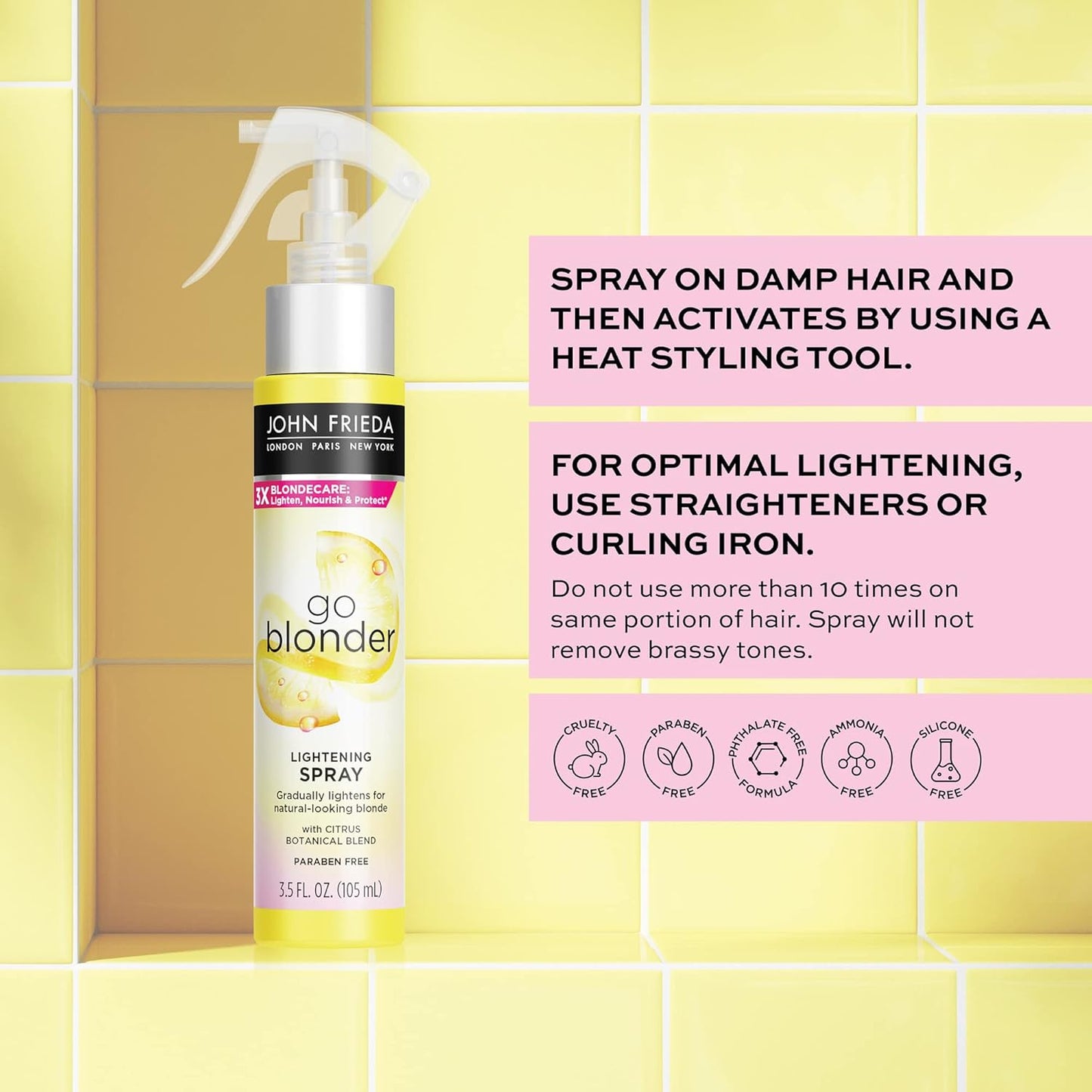 John Frieda Go Blonder Lightening Spray, Controlled Hair Lightener to Gradually Lighten Hair, with Citrus and Chamomile BlondMend Technology, 3.5 Oz