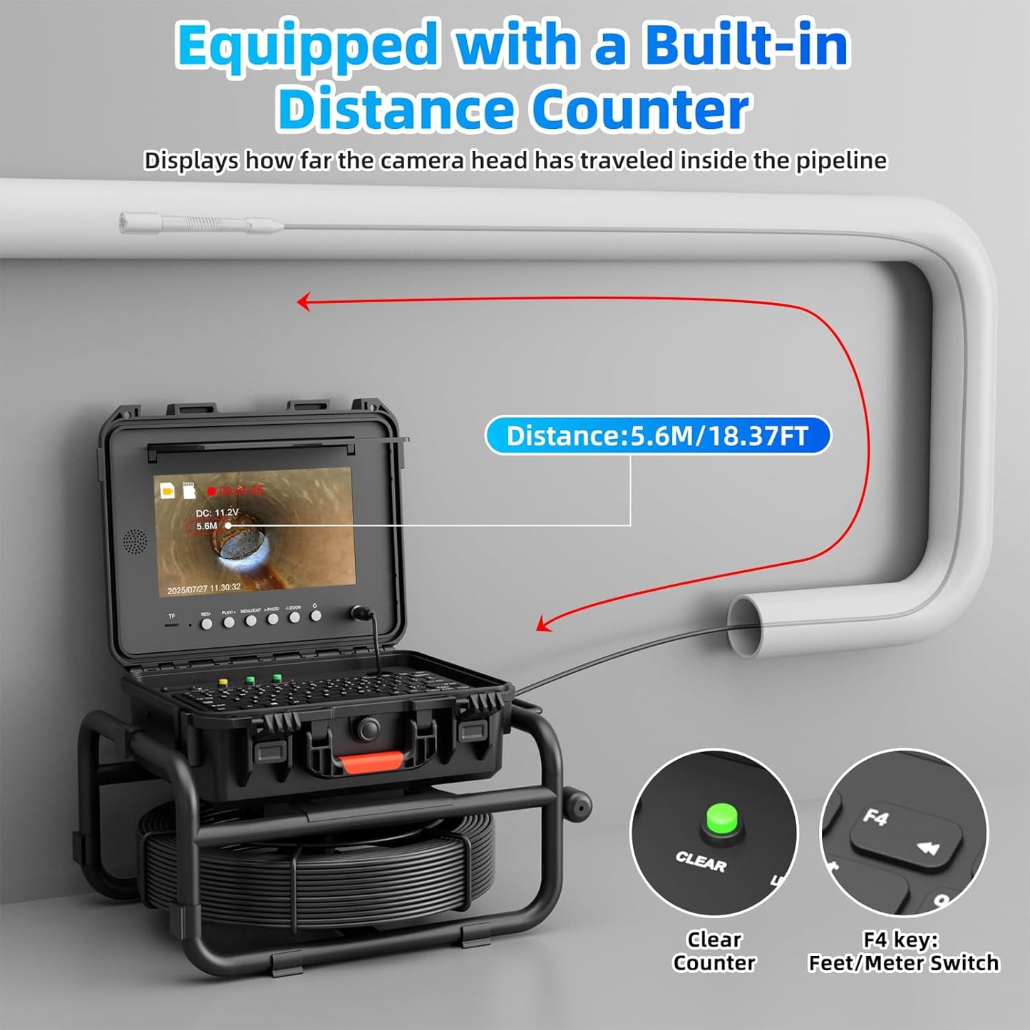 Sanyipace Sewer Camera Self Leveling, Drain Camera 100FT/30M with Meter Counter, 10" HD 1080p Plumbing Cameras with 12 LEDs, IP68 & 32GB DVR, Industrial Endoscope for Duct Sewer Line Pipe Inspection