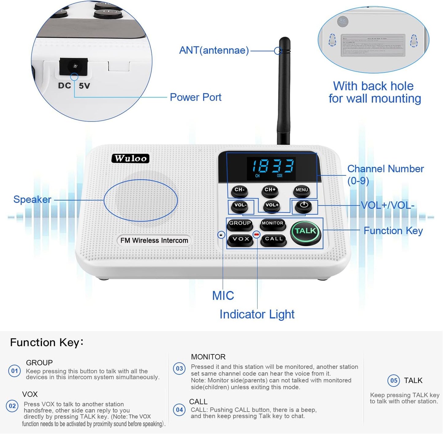 Wuloo Intercoms Wireless for Home 1 Mile Range 22 Channel 100 Digital Code Display Screen, Wireless Intercom System for Home House Business Office, Room to Room Intercom Communication(4Stations White)