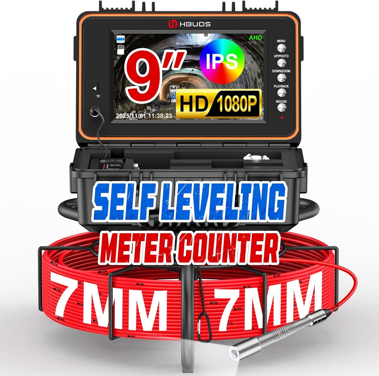 Sewer Camera 100ft, Self Leveling Drain Camera with Meter Counter, 7mm Thick Cable, 9" HD Screen 1080P Plumbing Cameras Snake with Light, 5100mAh Battery Duct Pipe Video Inspection Cam DVR 32GB
