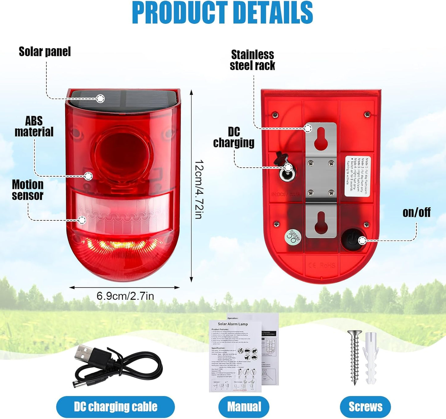 Qualirey 8 Pack Solar Sound and Light Alarm Motion Sensor 129db Outdoor Security Siren Waterproof Motion Activated Detector Alarm 6 LEDs Flash Warning Strobe System for Home, Farm (Red)
