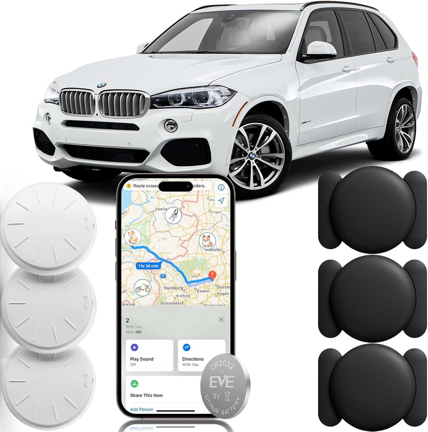 Car GPS Tracking Device, 3PCS Real Time GPS Tracker for Car Work with Find My (iOS Only),Hidden Mini GPS Tracker,No Monthly Fee (White Tracker, Black Magnetic Case)