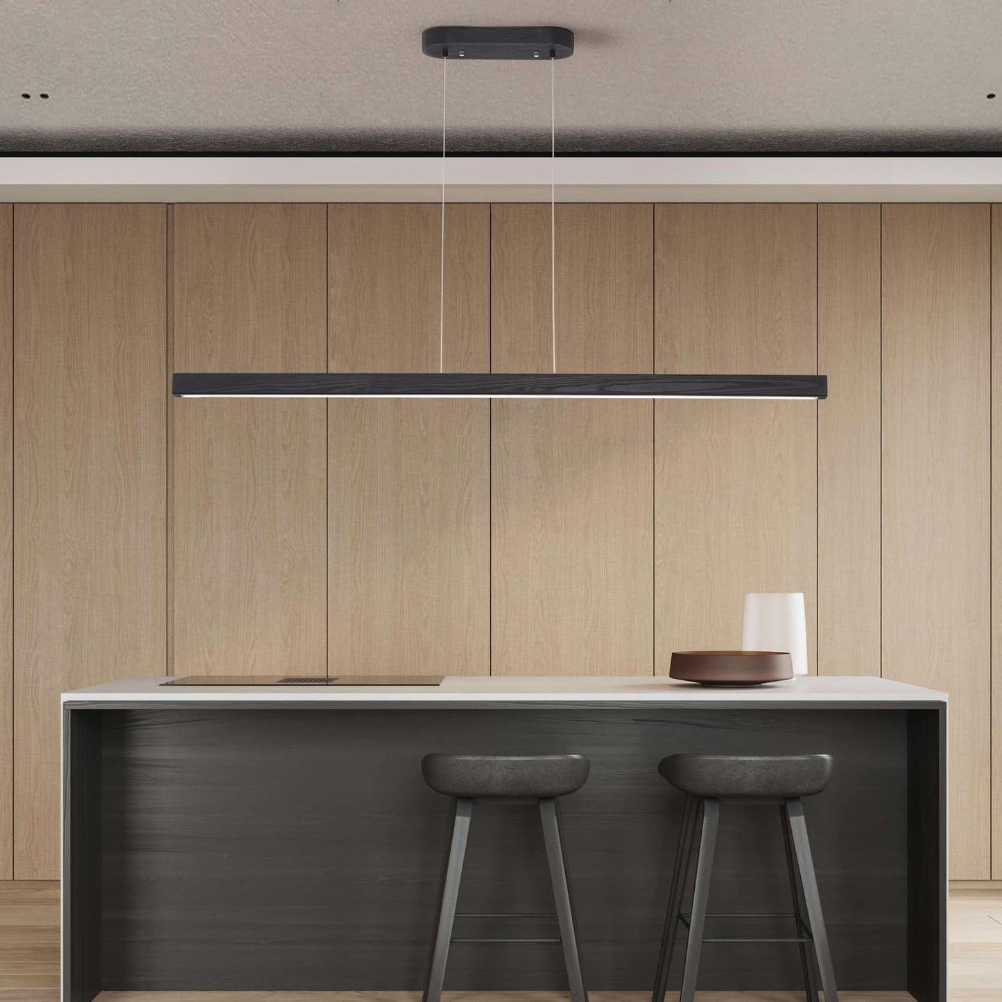 59'' Led Pendant Light 40w Dimmable with Remote Wood Linear Pendant Lighting Led Modern Chandelier Island Light with Black Finish for Living Room Dining Room Billiard & Pool Lights Black