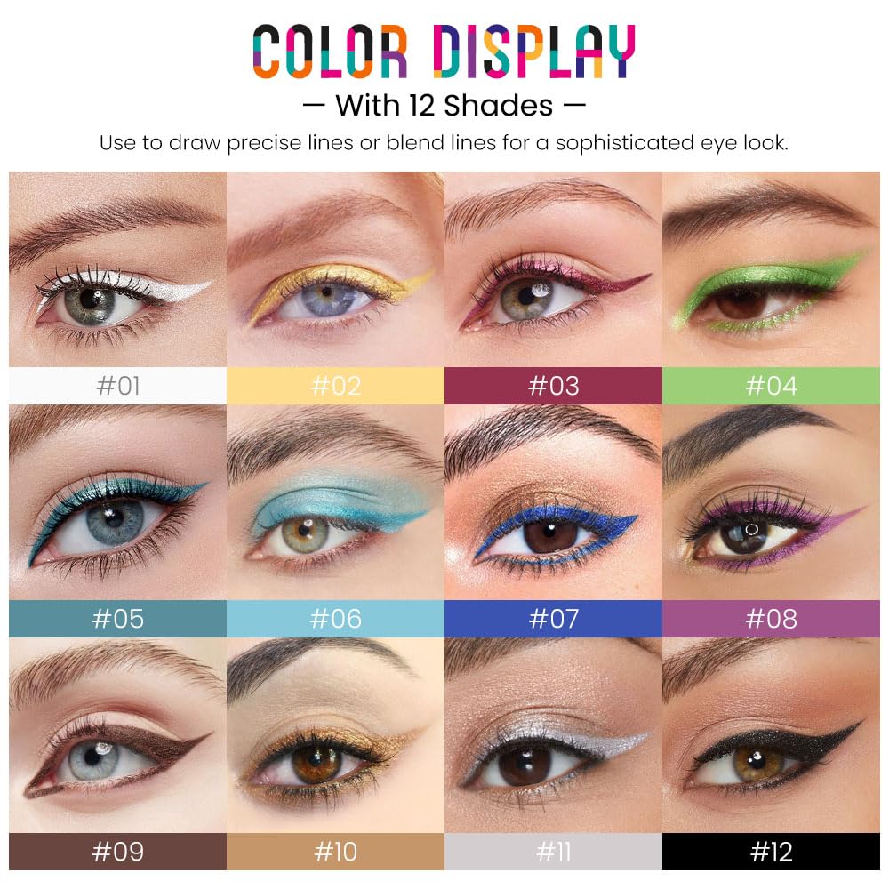 evpct 12Pcs Colored Glitter Shimmery Shimmer Gel Eyeliner Pencils Set for Women, Green Blue White Black Purple Eyeliner Waterline Waterproof lapiz de ojos delineador de ojos contra el agua eye Makeup