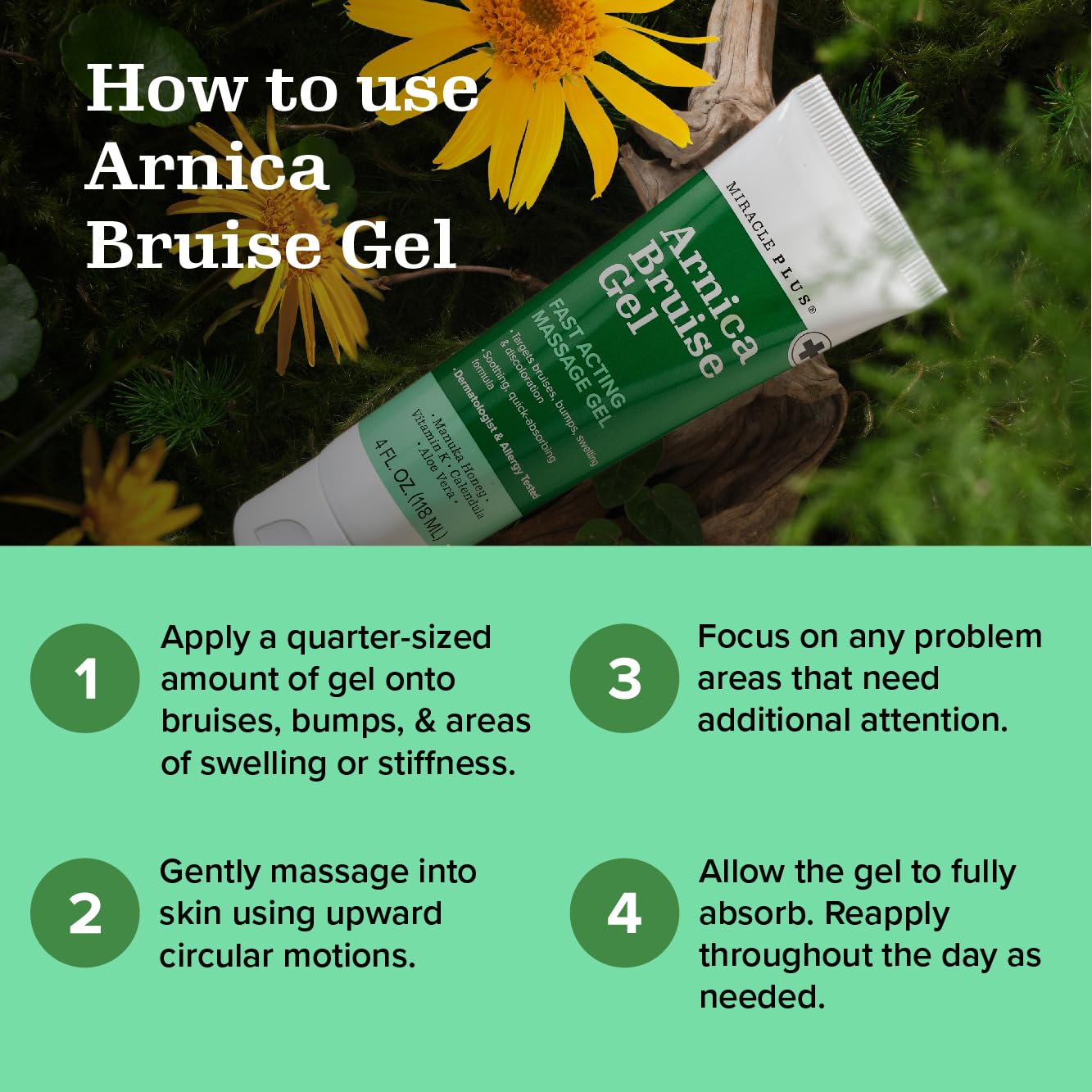 Miracle Plus Natural Arnica Bruise Body Gel | Arnica Montana Lotion For Thin Skin Bruising And Swelling After Surgery | Extra Strength Vitamin K Cream | Skin Care Ointment For Bruises, 2-Pack