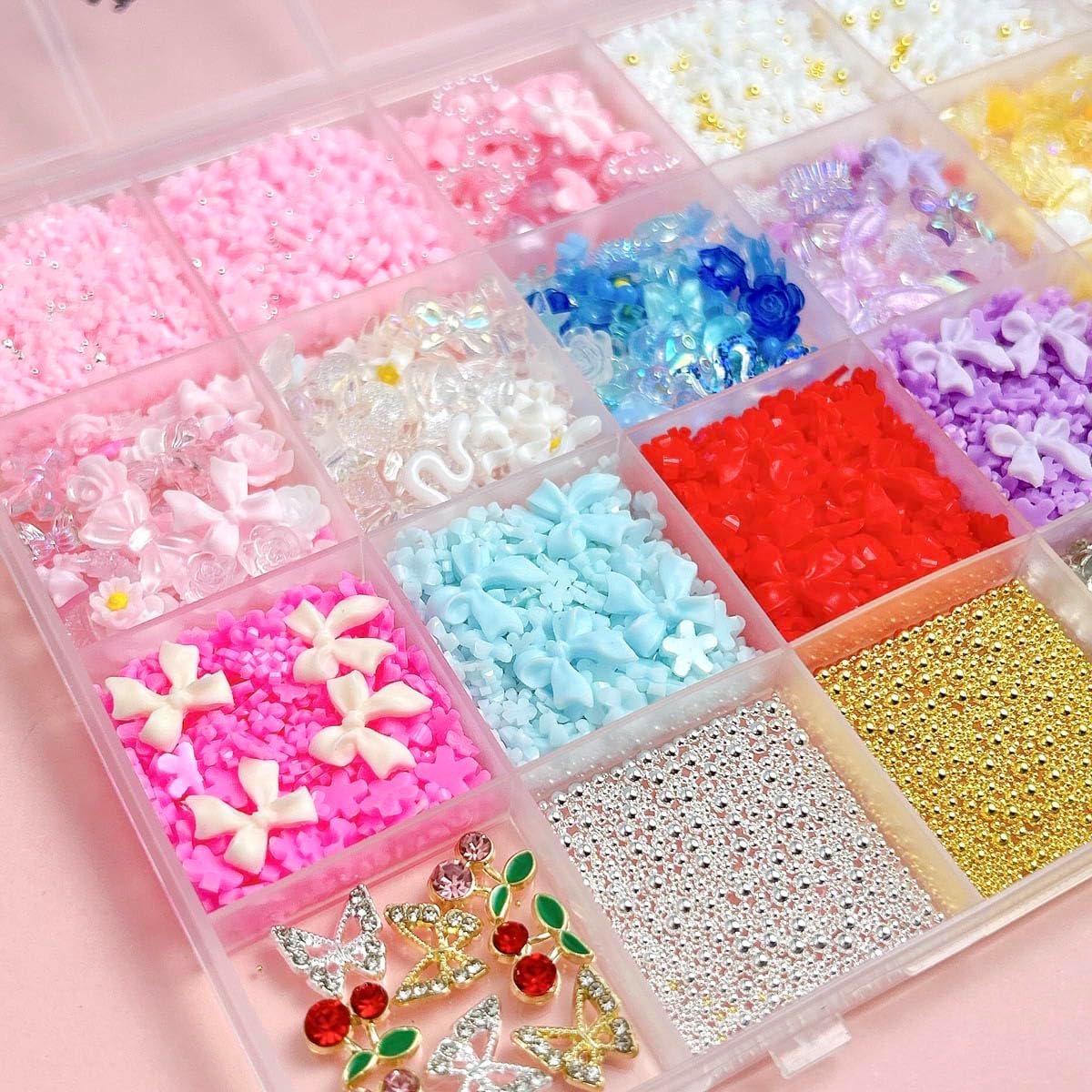 3D Colorful Flower Nail Charms, Flatback Pearl Bow Nail Charms and Gems, Alloy Cherry Butterfly Charms for Nails Design, Gold Caviar Beads Nail Rhinestones Manicure Charms for Practical DIY Tools