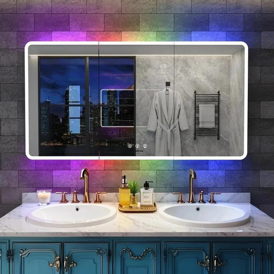 60×32 Inch Lighted Medicine Cabinet with Mirror, RGB Backlit LED Medicine Cabinet with 3-Color Front Lights, Bathroom Mirrored Cabinet with Electrical Outlet, Defogger, Three Door