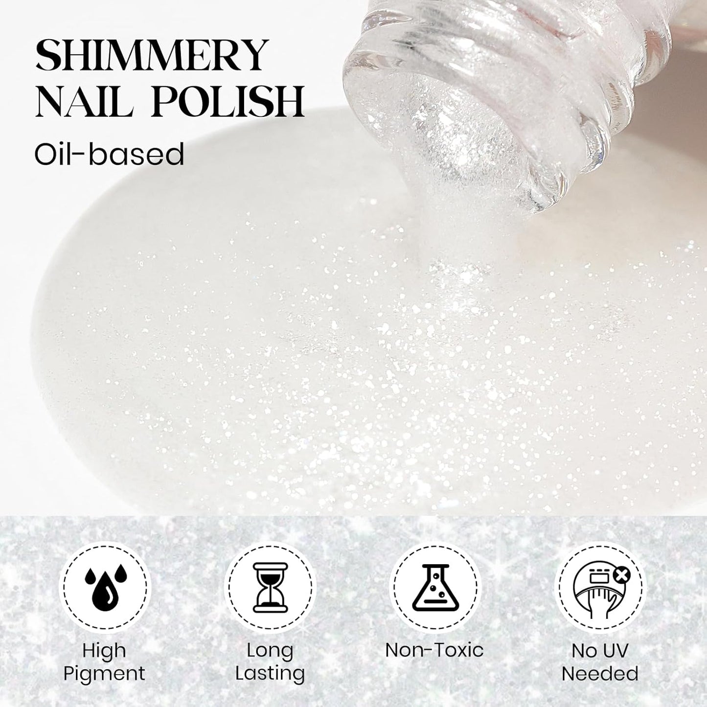 MIZHSE Translucent Shimmering Nail Polish, Quick Dry Clear Glitter White Nail Polish Air Dry Fast, 15ml High Glossy Sparkly Shiny Nail Art Salon Manicure Home