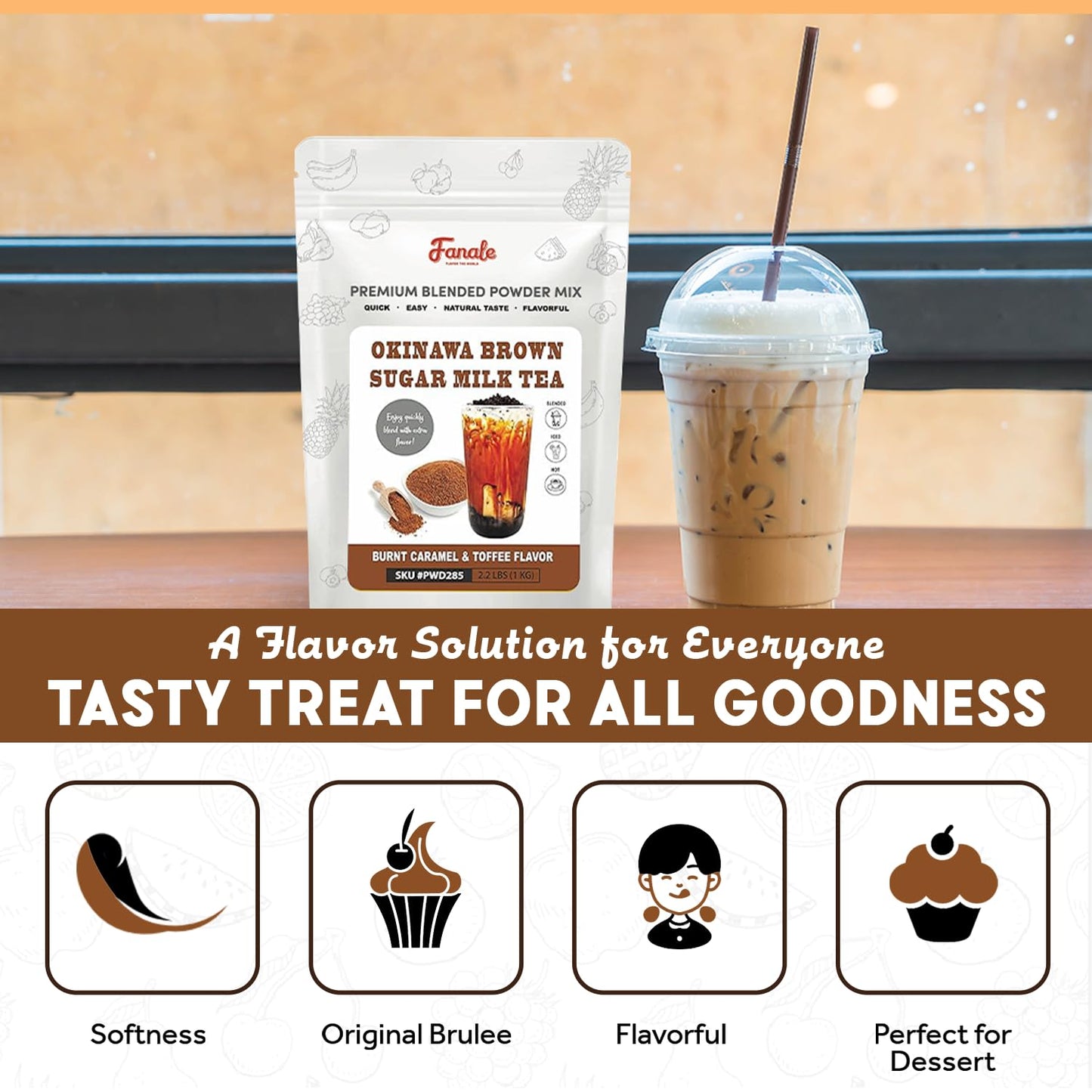 Fanale Premium Okinawa Brown Sugar Milk Tea Flavoring Powder | Perfect for Baking, Smoothies, Desserts and Drinks | Instant Flavoring Powder for Boba Milk Tea - 2.2 lb 1kg | PWD285