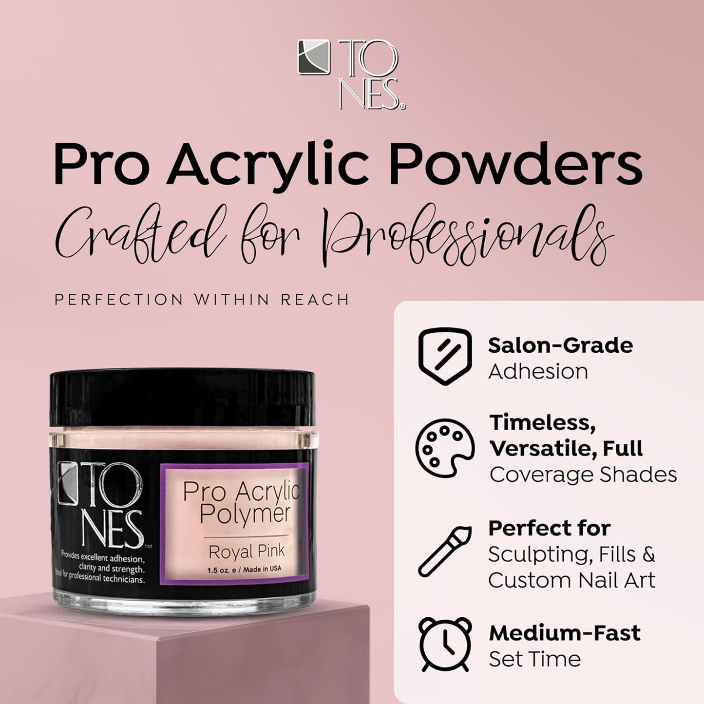 Tones Pro Acrylic Nail Powder, Royal Pink (Soft, Creamy Pastel Pink), (8.5 Fl Oz) - Long-Lasting & Non-Yellowing Polymer for Salon Quality Nail Extensions & 3D Art