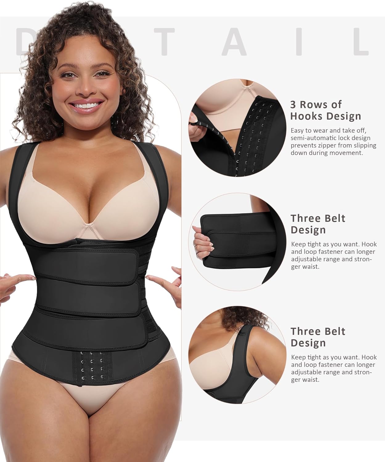 FeelinGirl Waist Trainer for Women Latex Waist Trainers Vest Plus Size Waist Cincher Corset 3 Belts Hooks Steel Bones