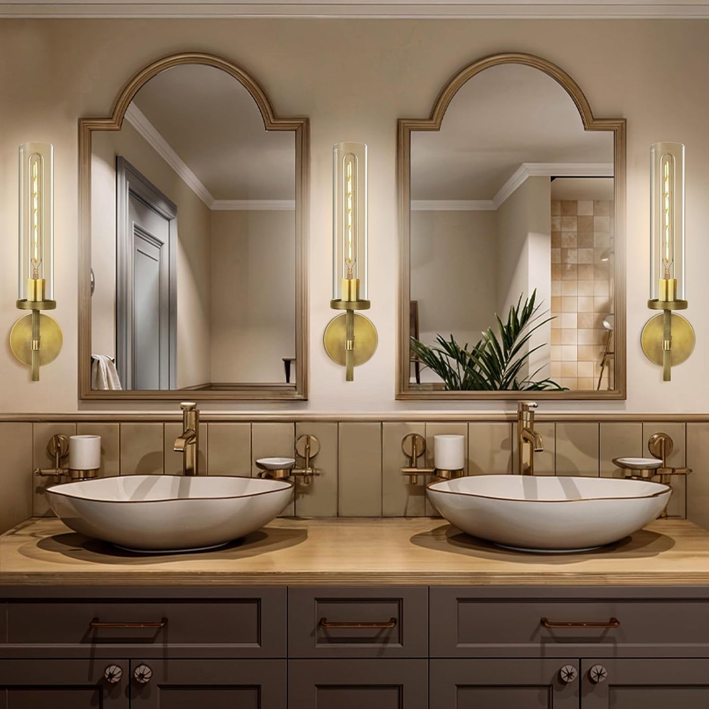 Brass Wall Sconces Set of Two, 19.48" Modern Wall Lighting with Clear Glass Tube, Bathroom Vanity Lights, Bronze Sconces Wall Lights for Bedroom, Living Room, Hallway, Staircase (Including Bulb)