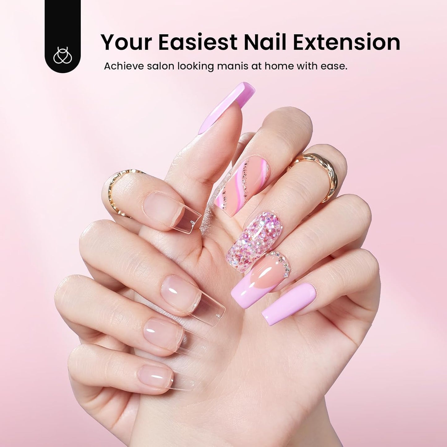 Beetles Gel Nail Kit Medium Square with Nail Dehydrator and Primer, 576Pcs Half Matte Etch-X Gel Nail Tips Solid Nail Glue Mini Nail Lamp Acrylic Nail Tips Easy DIY Nail Extension Set Gift for Women