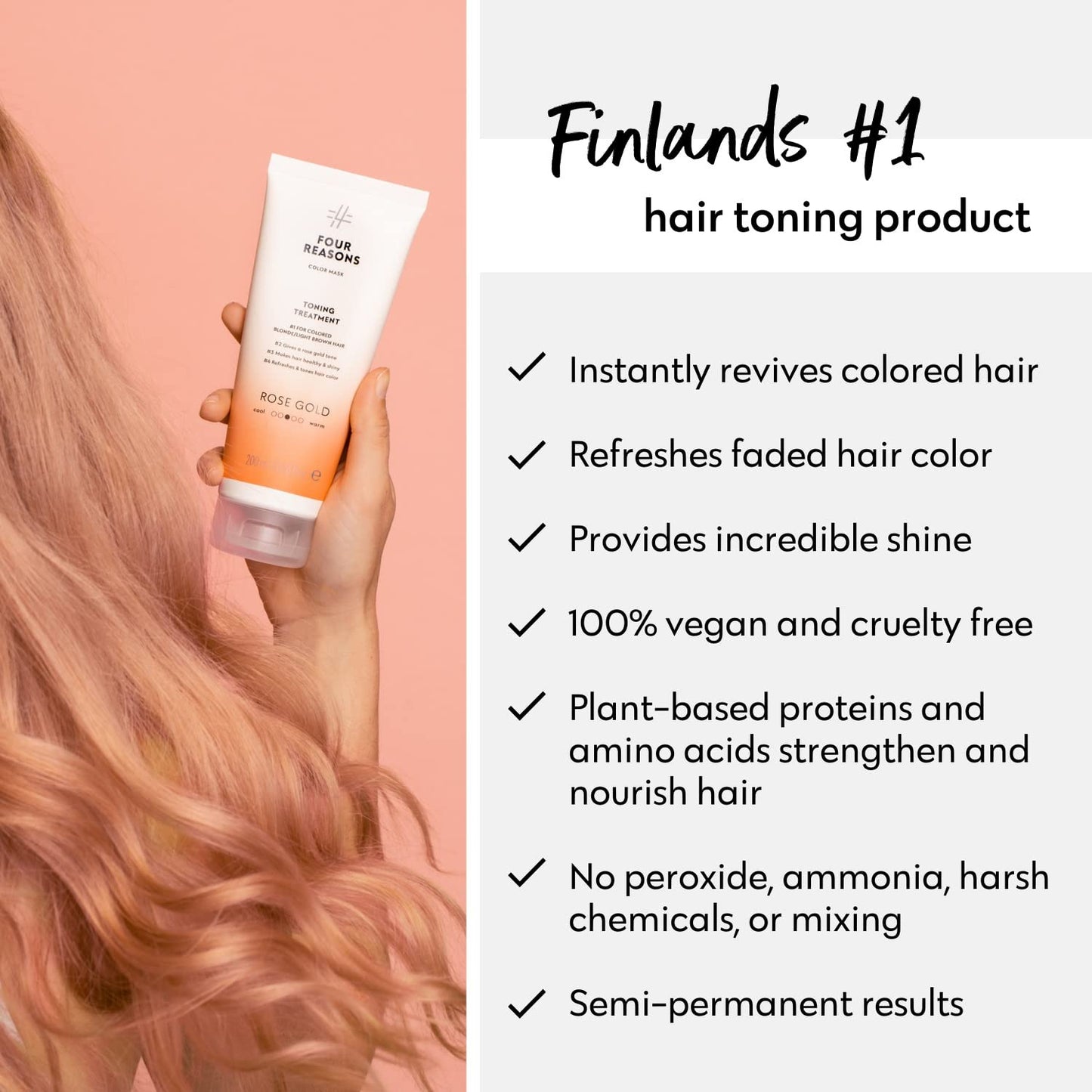 Four Reasons Color Mask - Rose Gold - (19 Colors) Toning Treatment, Color Depositing Conditioner, Tone & Enhance Color-Treated Hair - Semi Permanent Hair Dye, Vegan and Cruelty-Free, 6.76 fl oz