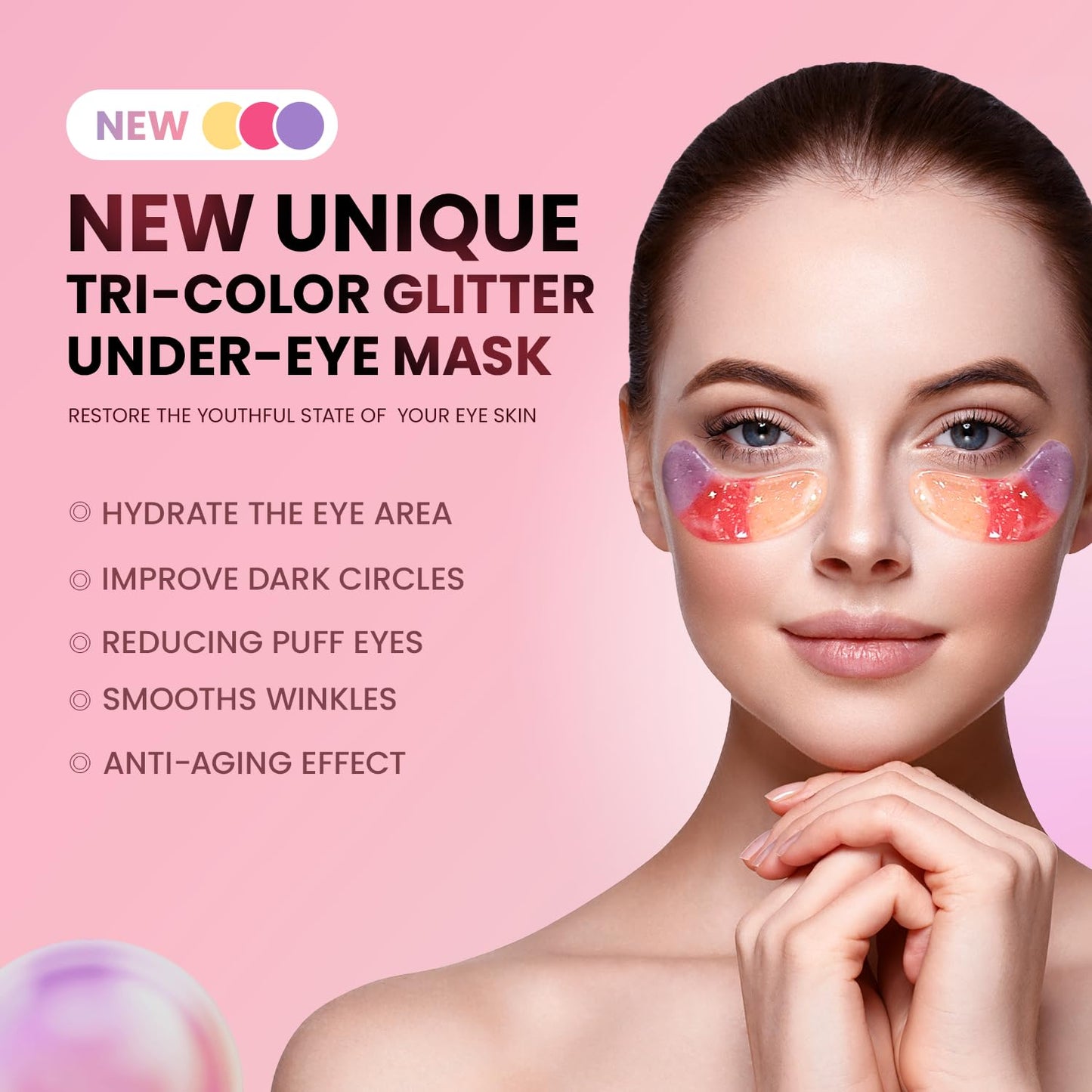 Under Eye Patches (20 Pairs)-New Tri-color Glitter Eye Gel Pads for Dark Circles Puffy Eyes,Under eye Bags,Wrinkles|Natural Collagen Under Eye Mask Patches for Women Teen