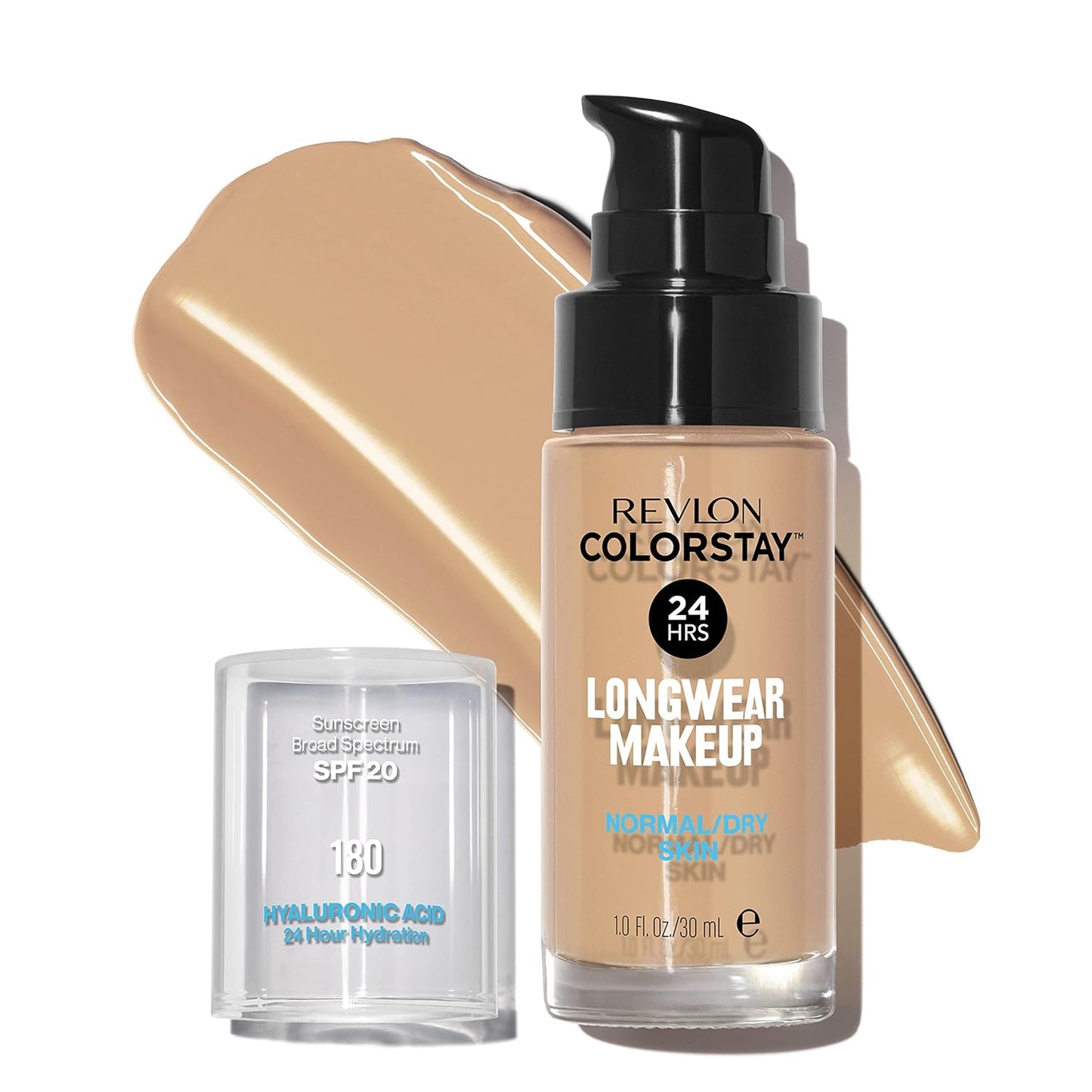 Revlon Liquid Foundation, ColorStay Face Makeup for Normal & Dry Skin, SPF 20, Longwear Medium-Full Coverage with Natural Finish, Oil Free, 180 Sand Beige, 1 Fl Oz