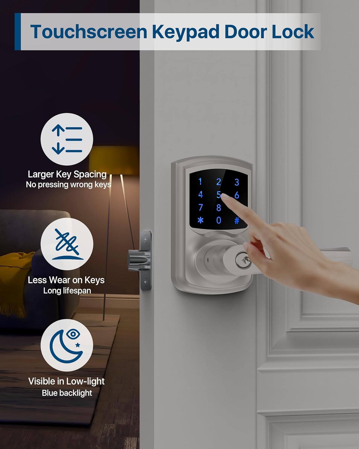 HIDALIFE Keyless Entry Door Lock, Keypad Door-Lock with Handle, Touchscreen, Auto-Locking, Anti-peep Password, Easy to Install for Front Doors, Home, Office, Satin Nickel 2 Pack