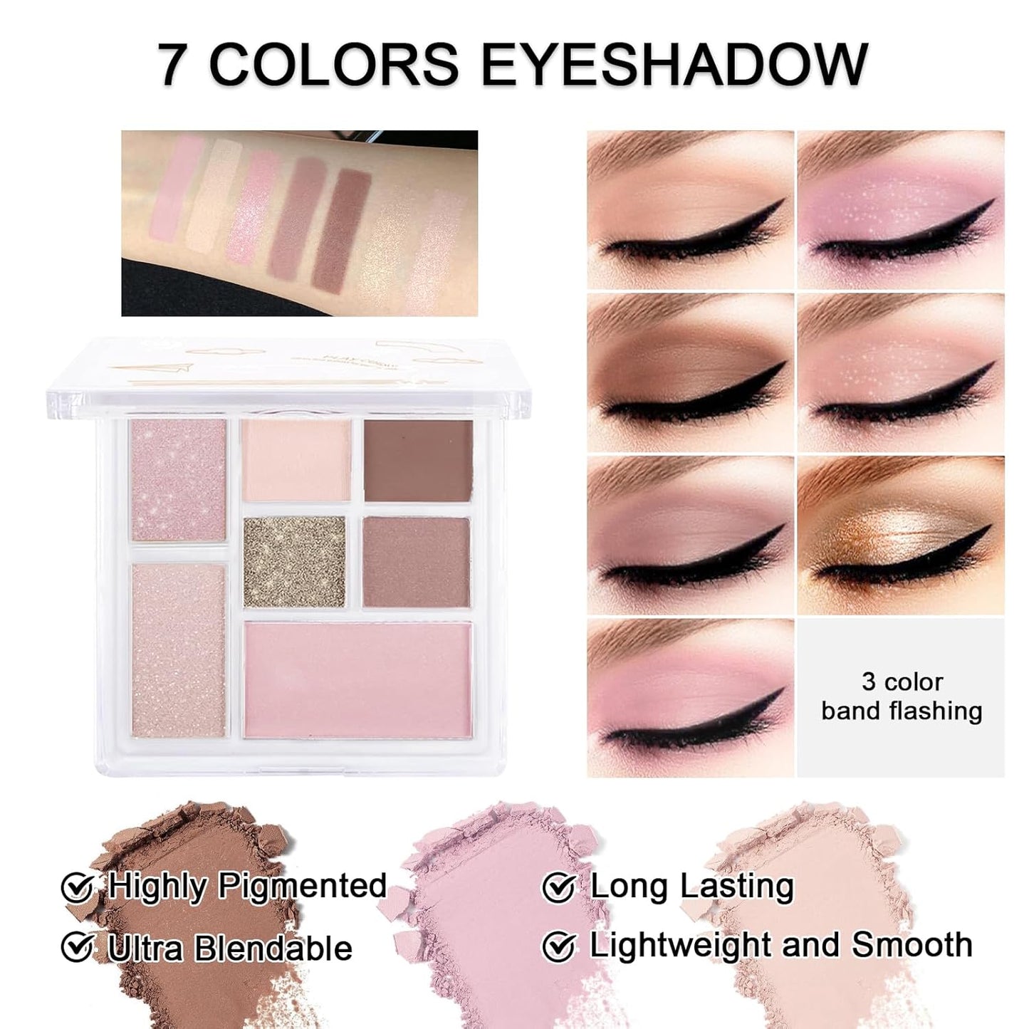 Makeup Kit for Teens Girls, Makeup Present Set for Women, Makeup Full Kit for Beginners, Mini Makeup Bundle Include 7 Pink colors Matte & Shimmer Pigmented Eyeshadow Palette, Eyebrow Powder