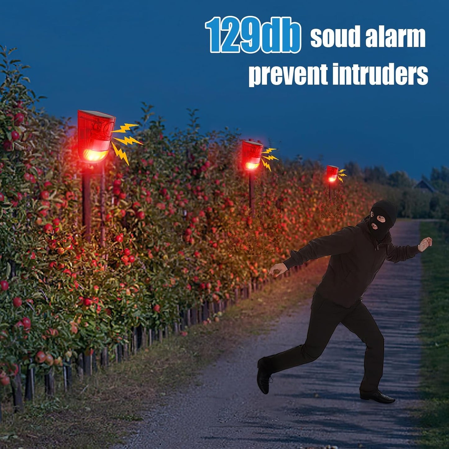 Qualirey 2 Pack Solar Sound and Light Alarm Motion Sensor 129db Outdoor Security Siren Waterproof Motion Activated Detector Alarm 6 LEDs Flash Warning Strobe System for Home, Farm (Red)