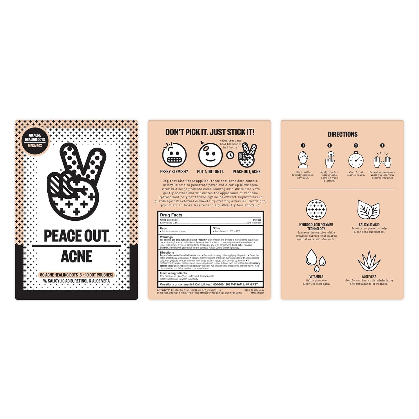 PEACE OUT Acne Healing Dots Helps Clear Blemishes Overnight, Fast Acting Hydrocolloid Pimple Patches for Breakouts with Salicylic Acid, Retinol and Aloe Vera, Award Winning Skincare Solution 60 Count