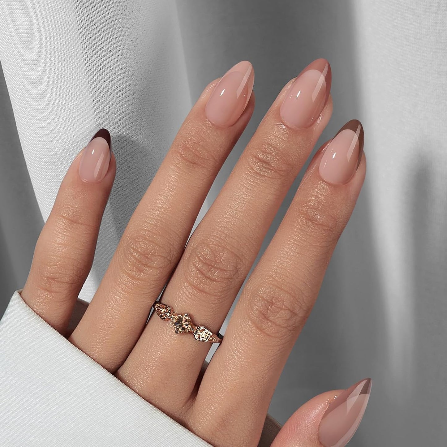 BTArtbox French Tip Press On Nails, Short Almond Supremely Fit & Natural Glue On Nails with Nail Glue, Reusable Stick On Nails in 16 Sizes - 30 Soft Gel Fake Nails Kit, Morning Coffee