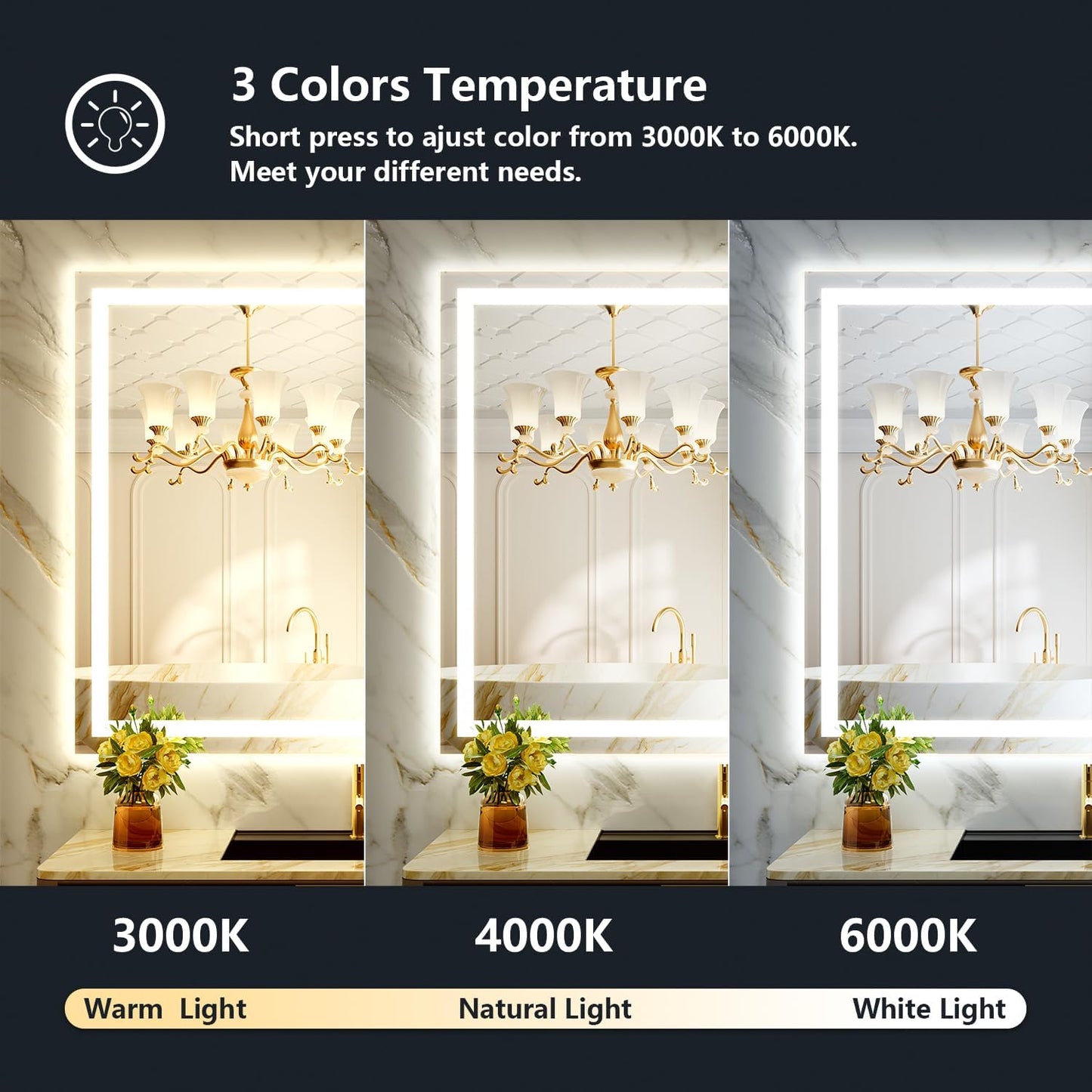 50x36 Inch LED Bathroom Mirror with Lights Front and Backlit Lighted Vanity Mirror for Bathroom Wall with 3 Colors Dimmable Anti-Fog Memory Shatter-Proof IP54 Waterproof Horizontal/Vertical