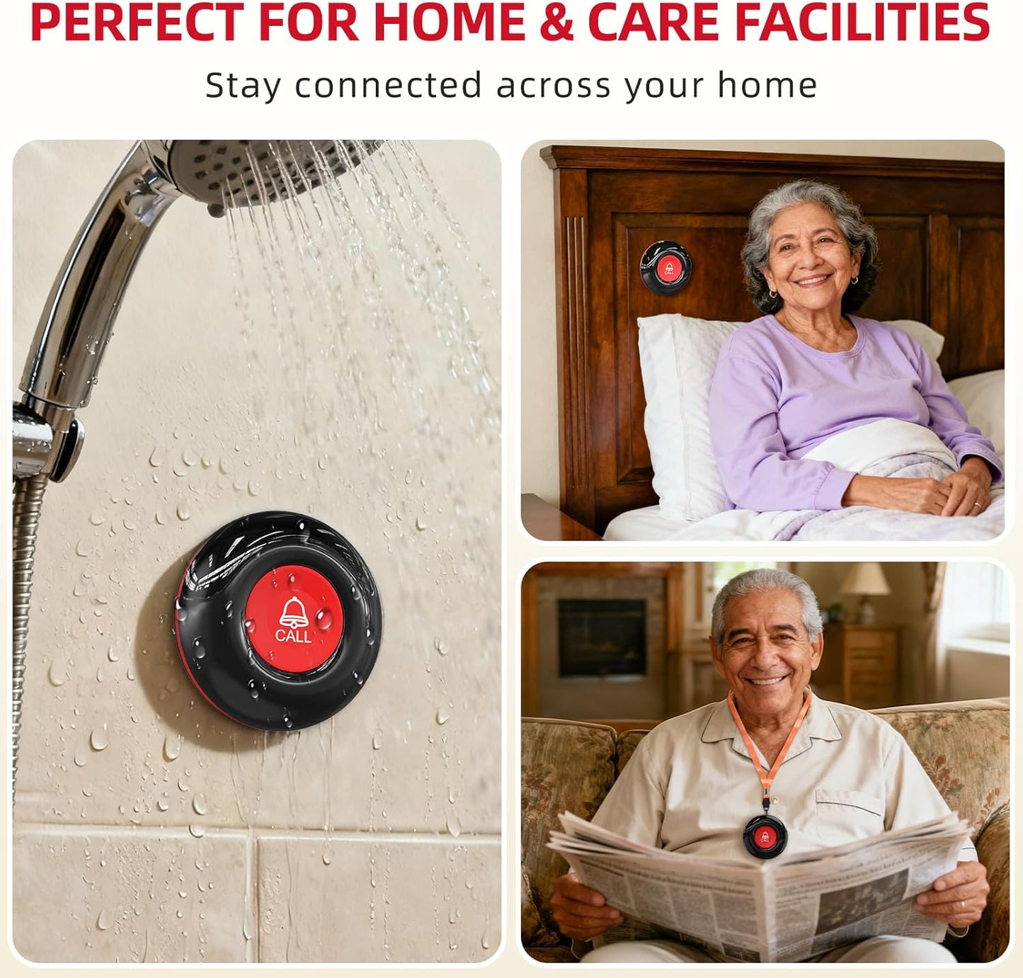 CallToU Wireless Caregiver Call Button Elderly Monitoring Alert Systems for Seniors 1 Plugin Receiver 2 Waterproof Transmitters