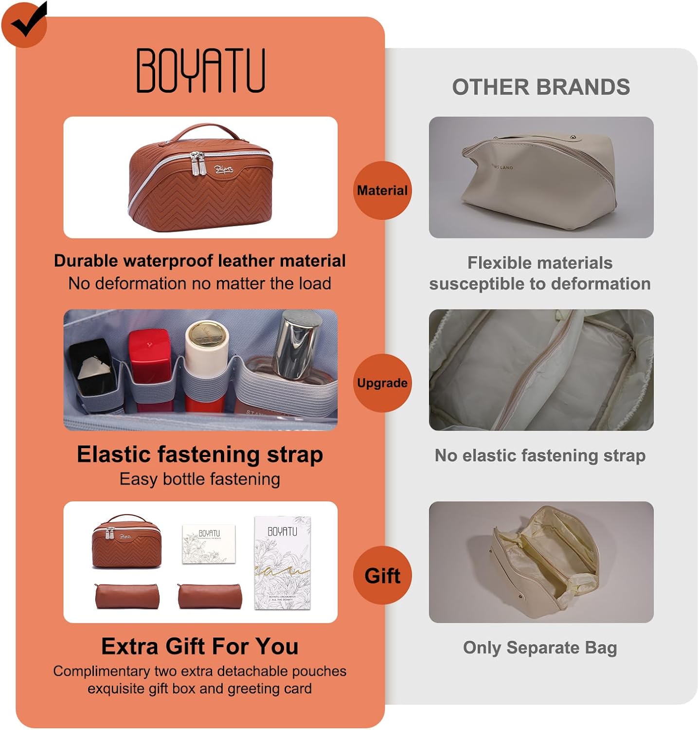 Travel Makeup Bags Cosmetic Organizer Bag: Quilted Make up Bag Set of 3 - PU Leather Toiletry Bags for Women - Portable Makeup Organizer with Compartments & Handle & Divider(14 Brown)
