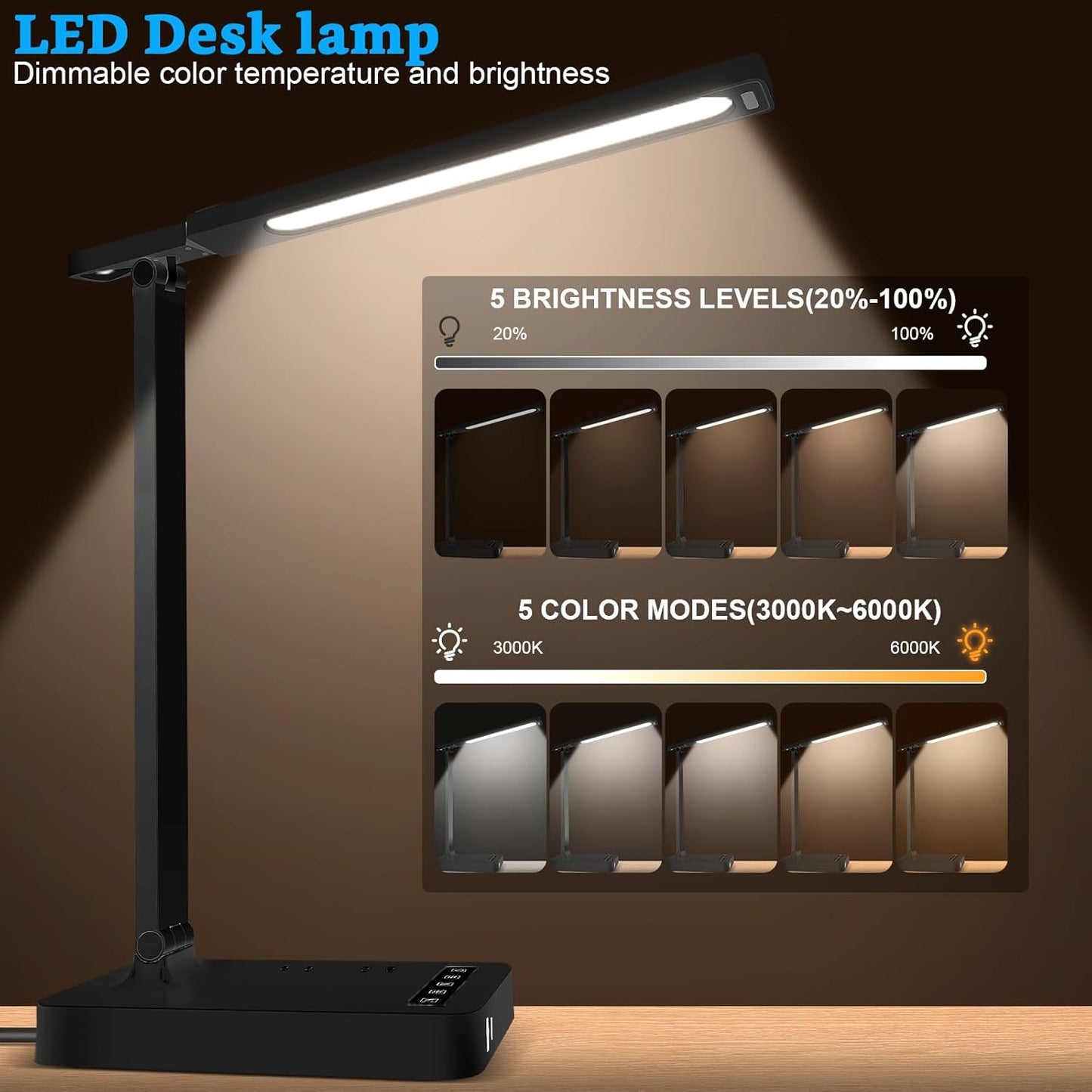 Smart Desk Lamp with 4-in-1 Charging Station (2 AC outlets, Type-C, USB-A Ports), 5 Color temperatures and 5 Brightness Levels, Adjustable gooseneck arm, Eye-Friendly Lighting for desks, bedrooms