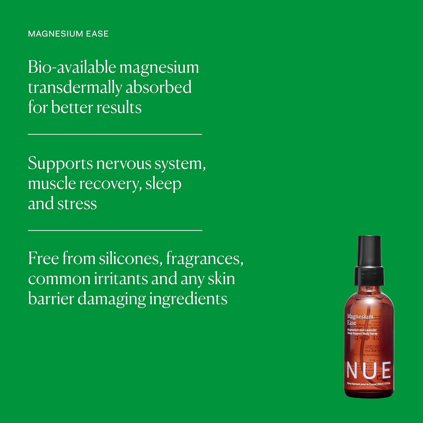 The Nue Co Magnesium Ease Skin Spray for Muscle Pain & Tension Relief with Lavender & Arnica Oil High Absorption Sports Recovery & Sleep Vegan, Paraben-Free, Non-Toxic, 60ml