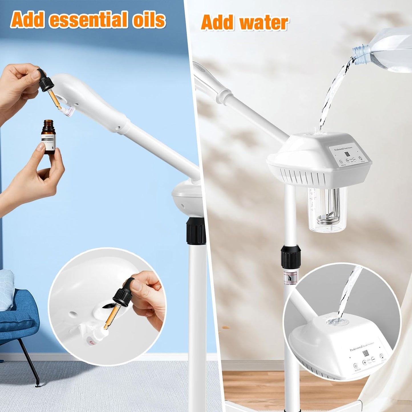 Professional Facial Steamer on Wheels, Esthetician Steamer with Hot Ozone Mist, Stand Face Steamer for Facial Deep Cleaning, Steamer for Facial for Personal Care or Spa, White