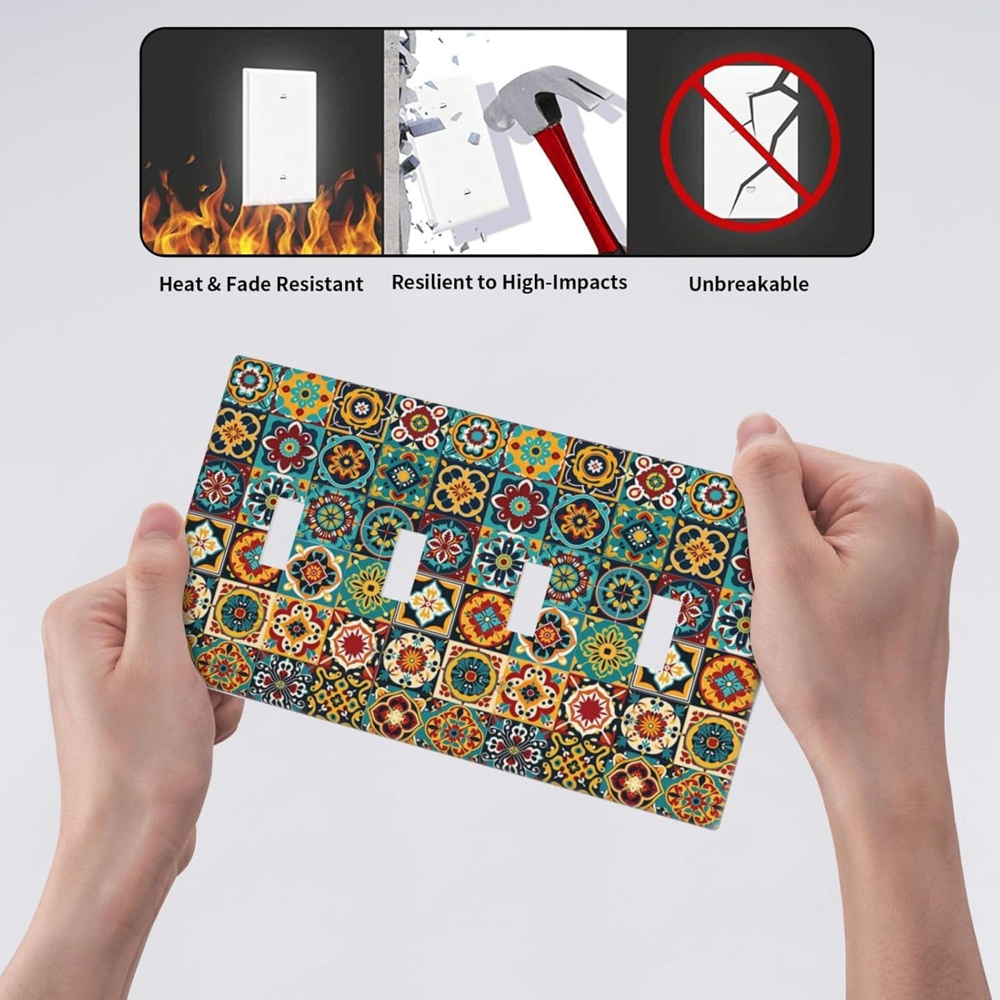 Light Switch Covers Mexican Talavera Colorful Mosaic Tiles Quad Toggle Electrical Faceplate 4 Gang Wall Plate Decorative Switch Plates For Bathroom Kitchen Decor