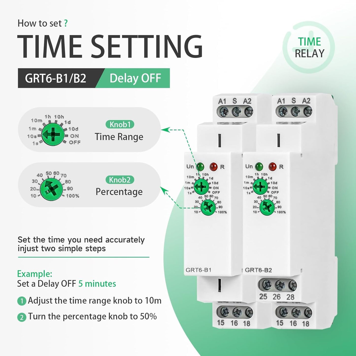 Delay Off Time Relay GRT6-B1 10A Adjustable Smart Relay, Delay Turn Off Electronic Timer in Din Rail, 0.1s-10 Days Wide Range Delay Factory Automation Time Universal Voltage AC DC 24V 240V