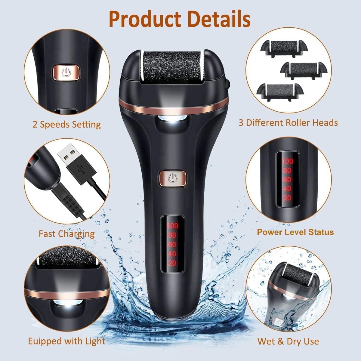Electric Callus Remover for Feet,Rechargeable Foot File Hard Skin Remover,Waterproof 14 in1 Professional Pedicure Kit for Cracked Heels &Dead Skin,with 9 Roller Heads 2 Speed