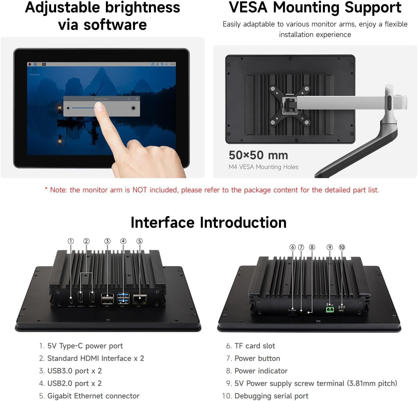 Industrial HMI All-in-one 10.1inch Touch Display Compatible with Raspberry Pi 4 (Included), Supports Dual 4K HDMI Output, 10-Point Touch, Aluminum Alloy Case @XYGStudy (PI4-HMI-101D)