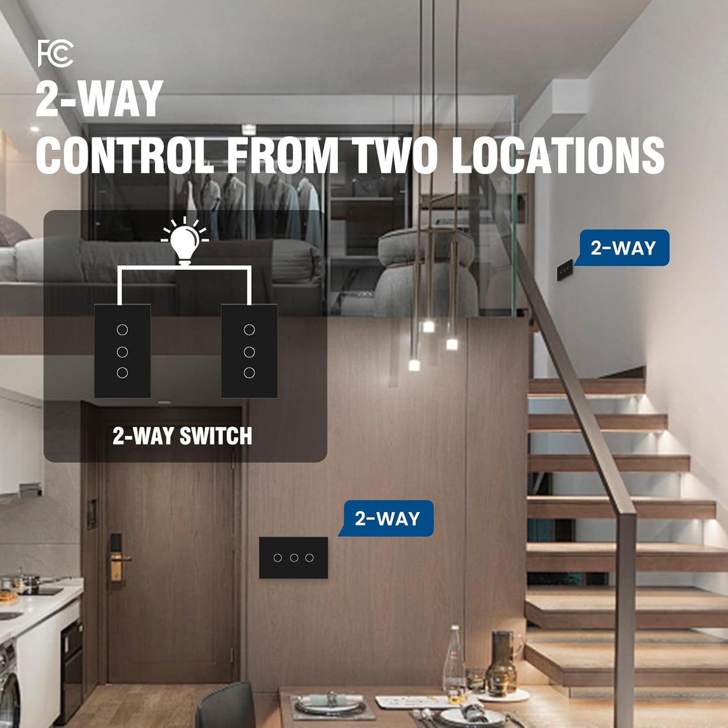 2 Way Light Switch 118X72X34MM No Neutral Wire, Wall Touch Switch 1000W, Tempered Glass Panel, FCC, Black 3 Gang