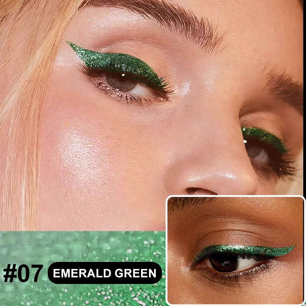 evpct 2Pcs Metallic Purple & Green Glitter Glittering Diamond Liquid Eyeliner Eye Makeup Pencil Set, Sparkle Shimmer Colored Eyeliner Pen Waterproof Smudge Proof Long Lasting High Pigmented