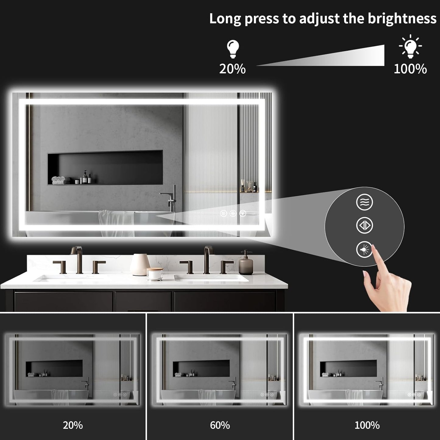 36"x48" LED Bathroom Mirror with Lights, Dimmable, Anti-Fog, Lighted Bathroom Vanity Mirror for Wall, Backlit + Front Lit, Memory Function, Shatter-Proof, Tempered Glass