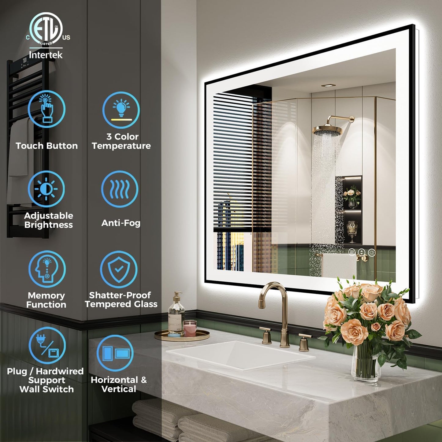 24x36 Inch LED Bathroom Mirror with Lights (Front Lit and Backlit) Black Framed Lighted Vanity Mirror for Bathroom Wall Dimmable Anti-Fog Memory Tempered Glass Horizontal/Vertical