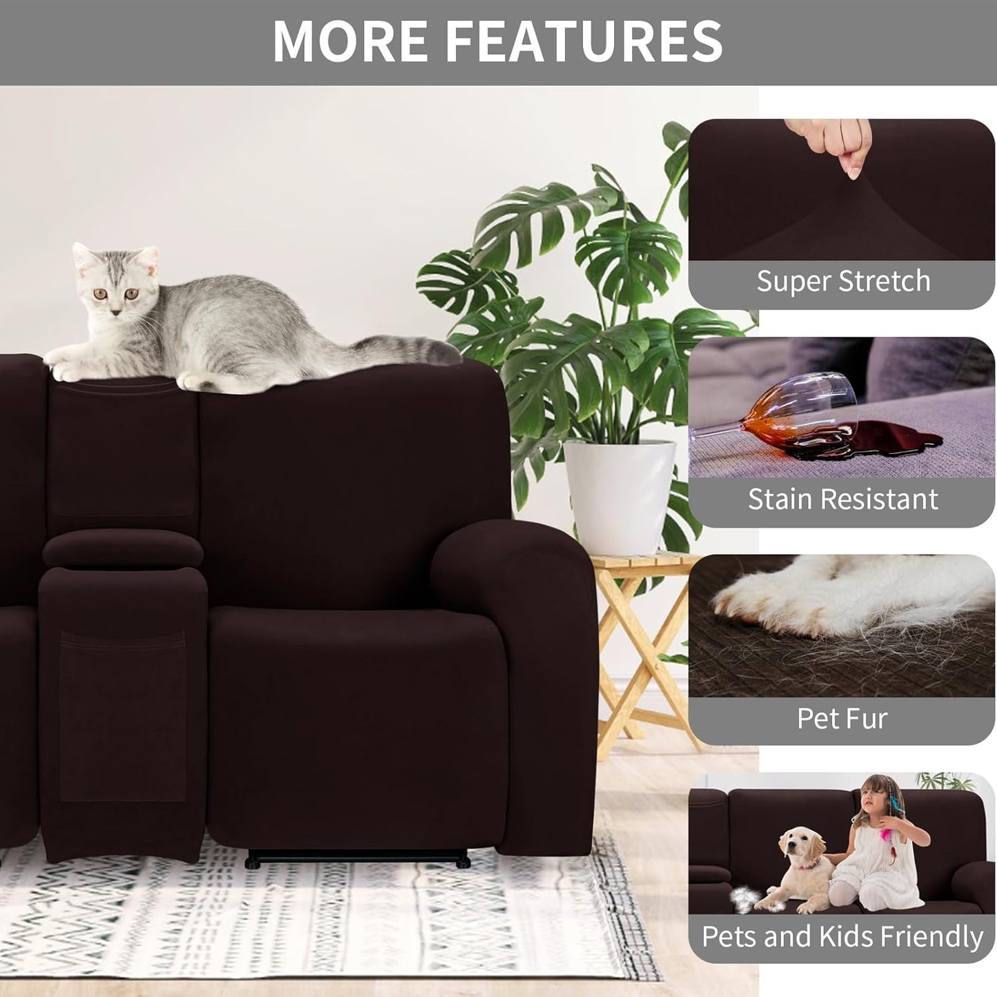 Easy-Going 100% Waterproof Recliner Console Cover, Stretch Middle Console Couch Covers for Reclining Sofas, Sectional L-Shape Furniture Protector for Kids & Pets, 1 Console Cover, Chocolate