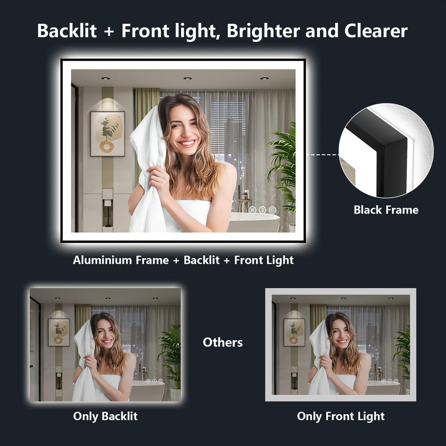 55x36 Inch LED Bathroom Mirror with Lights (Front Lit and Backlit) Black Framed Lighted Vanity Mirror for Bathroom Wall Dimmable Anti-Fog Memory Tempered Glass Horizontal/Vertical