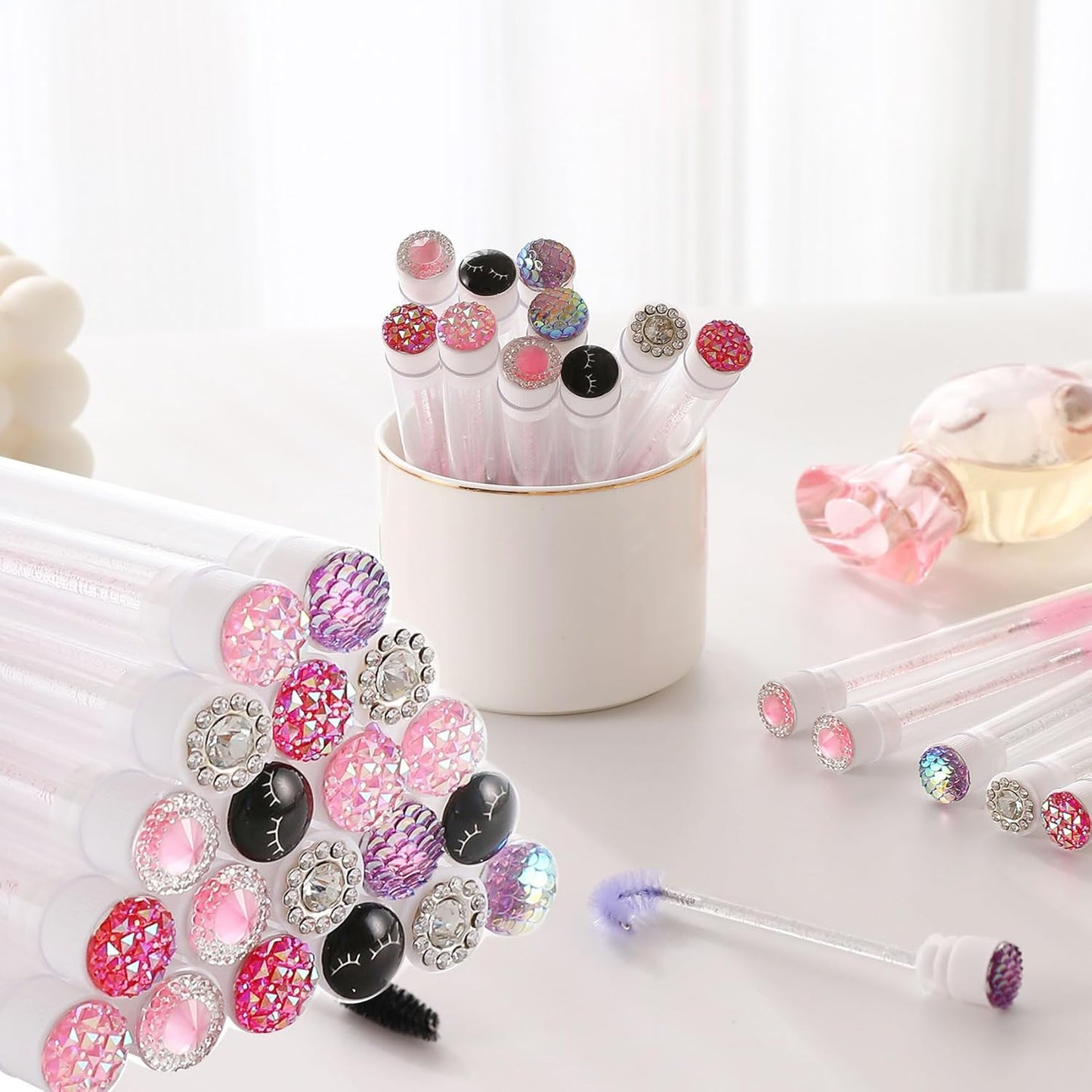 Upgrade 48 Pieces Disposable Mascara Wands Set,Include 24 Pcs Crystal Lash Spoolies Brush and 24 Pcs Reusable Keychain Empty Eyelash Brush Tubes
