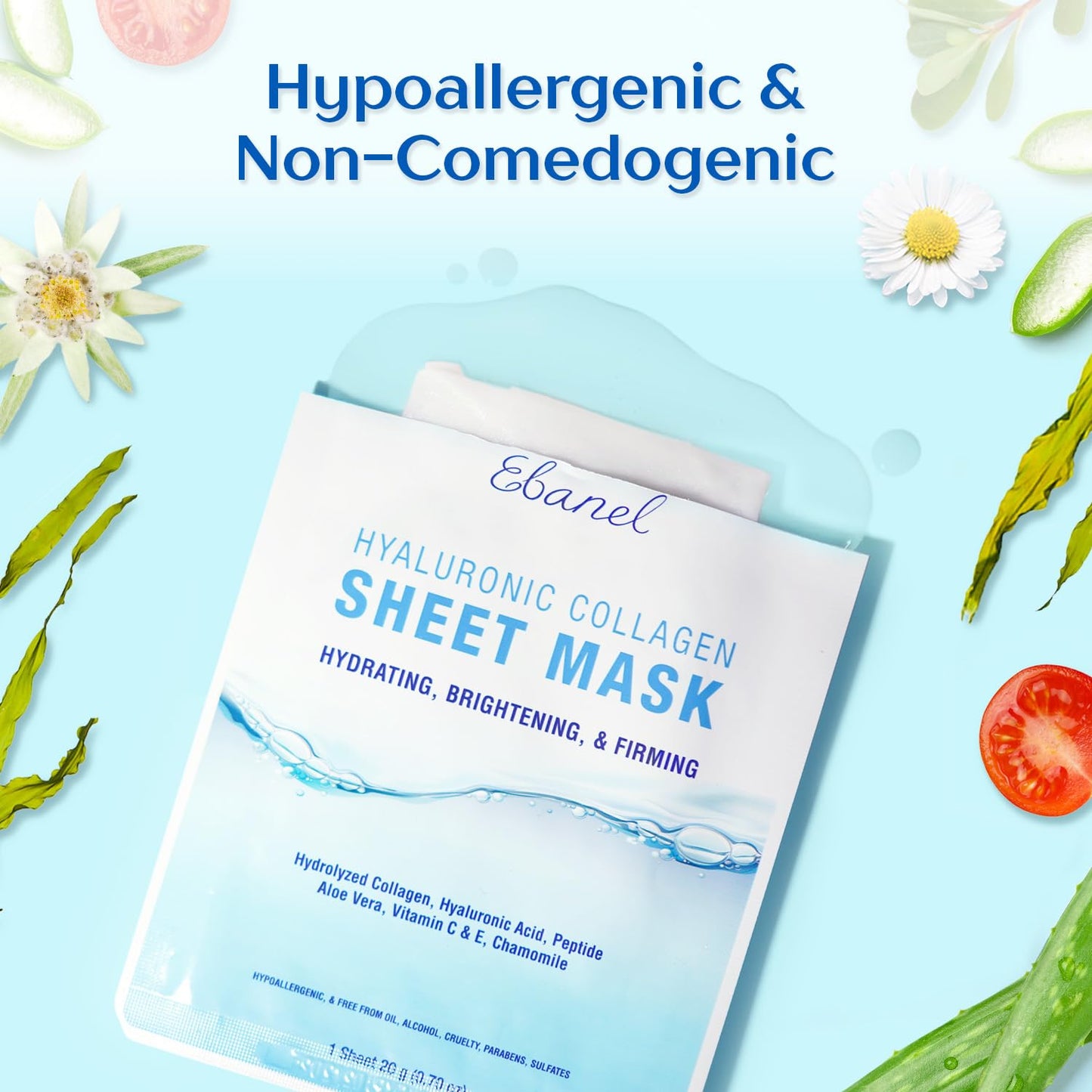 Ebanel 20 Pack Collagen Face Mask with Hyaluronic Acid, Vitamin C, Peptide, Aloe, Instant Brightening Hydrating Face Masks Skincare Korean Sheet Mask, Skin Firming, Lifting Anti Aging Facial Masks