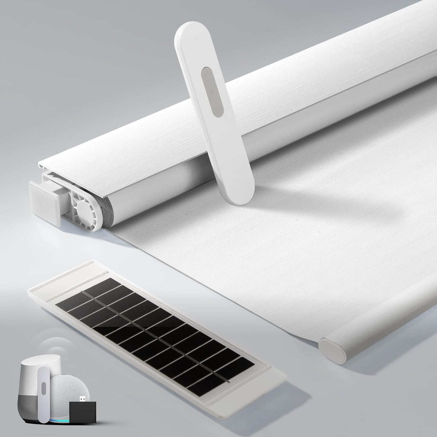 No Drill Motorized Blinds with Remote, Blackout Automatic Blinds with Solar Panel, Cordless Smart Electric Roller Shades for Windows, White, 22 x 72