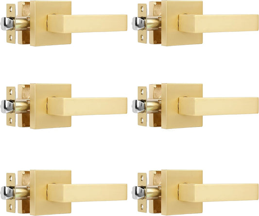 6 Pack Passage Door Lever Square Gold Door Handles in Stain Brass,Contemporary Modern Design Door Lock for Hall or Closet