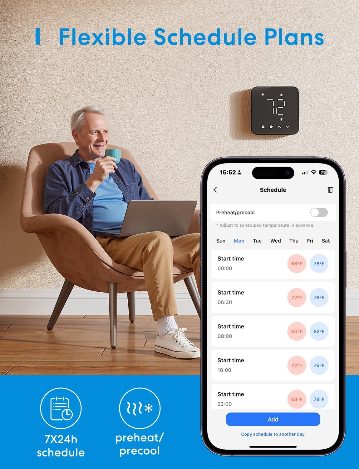 meross Smart Thermostat for Home, WiFi Thermostat Works with Matter, Alexa, Apple Home, Google Assistant, App & Voice Control, 7x24h Scheduling, Energy Saving, C-Wire Required