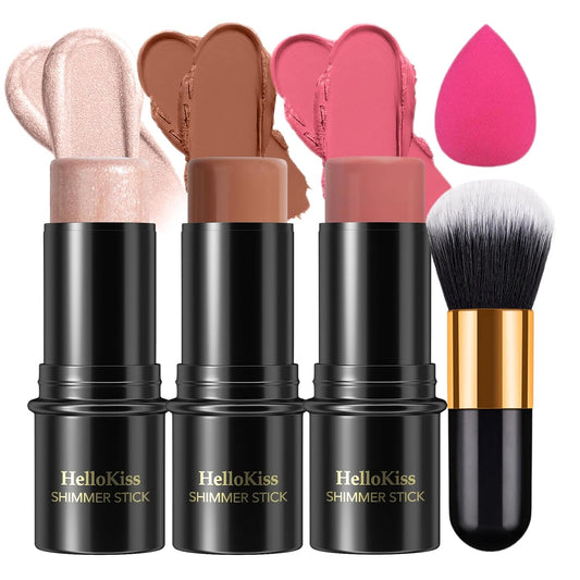 3pcs Face Contour Stick, Highlighter Stick Blush Stick Cream Contour Kit Makeup Set with Brush, Contouring Stick for Fair Skin, Concealer Stick Makeup Gift for Beginner Women Teen Girls